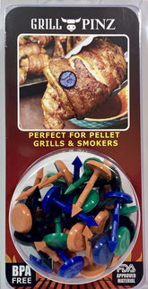 GRILL PINZ bacon-wrap clips secure bacon-wrapped hot dogs for even grilling.