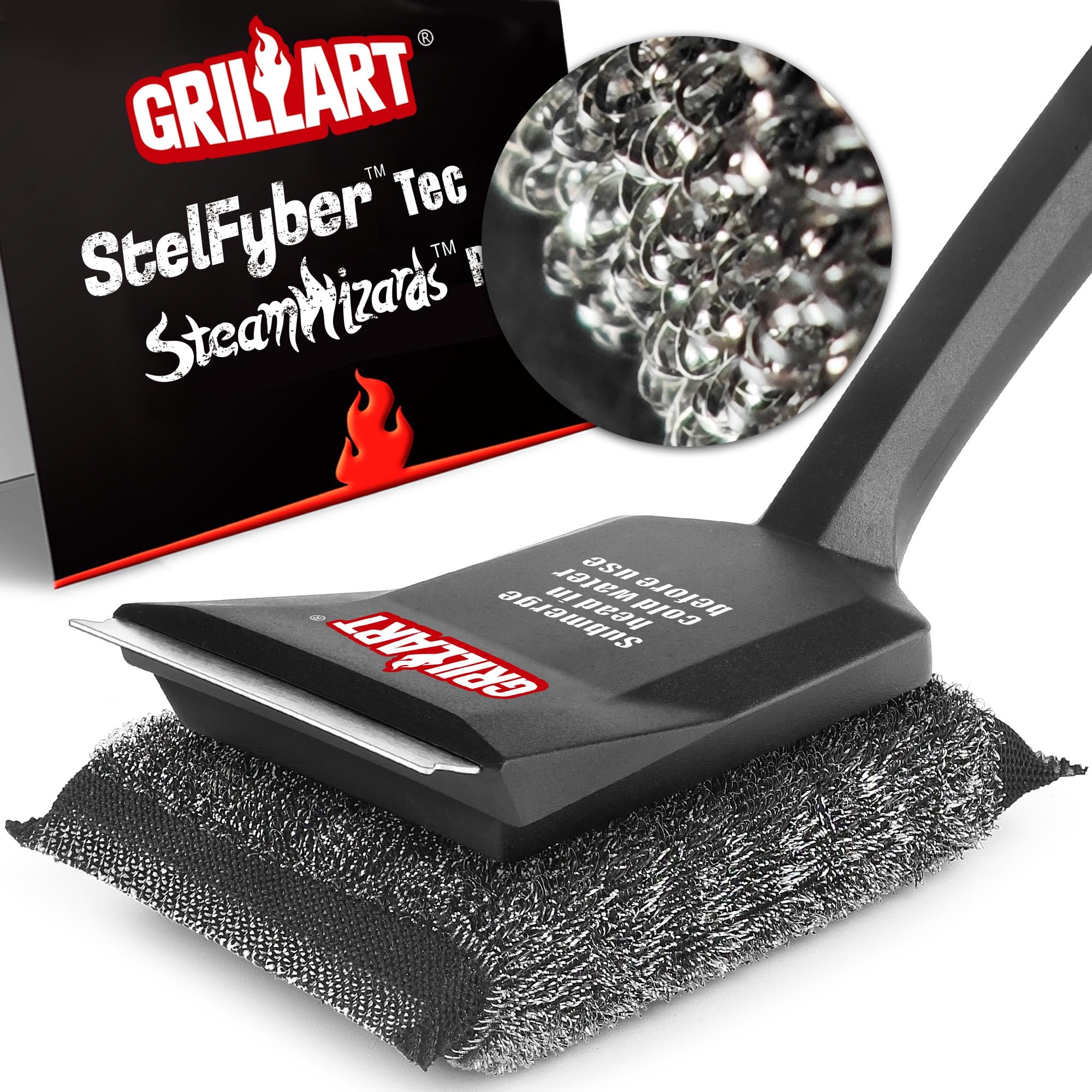 GRILLART bristle-free brush with steam power for easy grill maintenance.