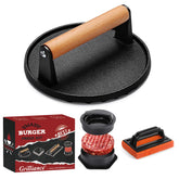 Grilliance round cast-iron burger press for even patties and juicy results.
