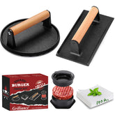 Grilliance round cast iron burger press for even patties and crispy edges
