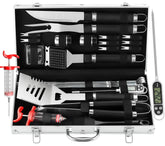 Grilljoy 24PCS BBQ tools set in aluminum case ready for organized outdoor grilling.