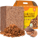 Gro-Med Coco Husk Chips block expands into mulch for even soil moisture.