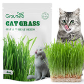 Groundio cat grass seeds 4oz packaging, premium non GMO blend for cats.