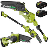 Grovecraft two-in-one cordless pole saw for versatile pruning from ground to canopy.
