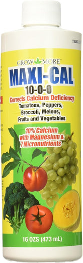 Grow More Maxi-Cal bottle front for calcium-rich plant nutrition supporting fruit development.