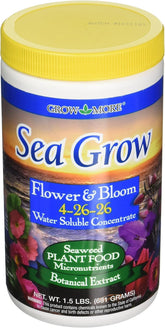 Grow More Sea Grow bottle and label ready for garden feeding to boost blooms