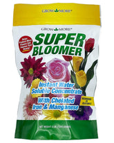 Grow More Super Bloomer bottle label shows bloom booster for vibrant flowers in your garden.
