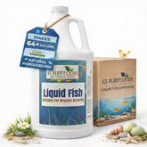 GS Plant Foods Liquid Fish Fertilizer bottle label highlights organic nutrition for thriving soil