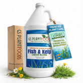 GS Plant Foods Liquid Fish & Kelp Fertilizer bottle delivers natural nutrition for vibrant plant growth