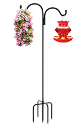 Gtongoko double shepherds hook 108-inch pole displaying bird feeders and lanterns