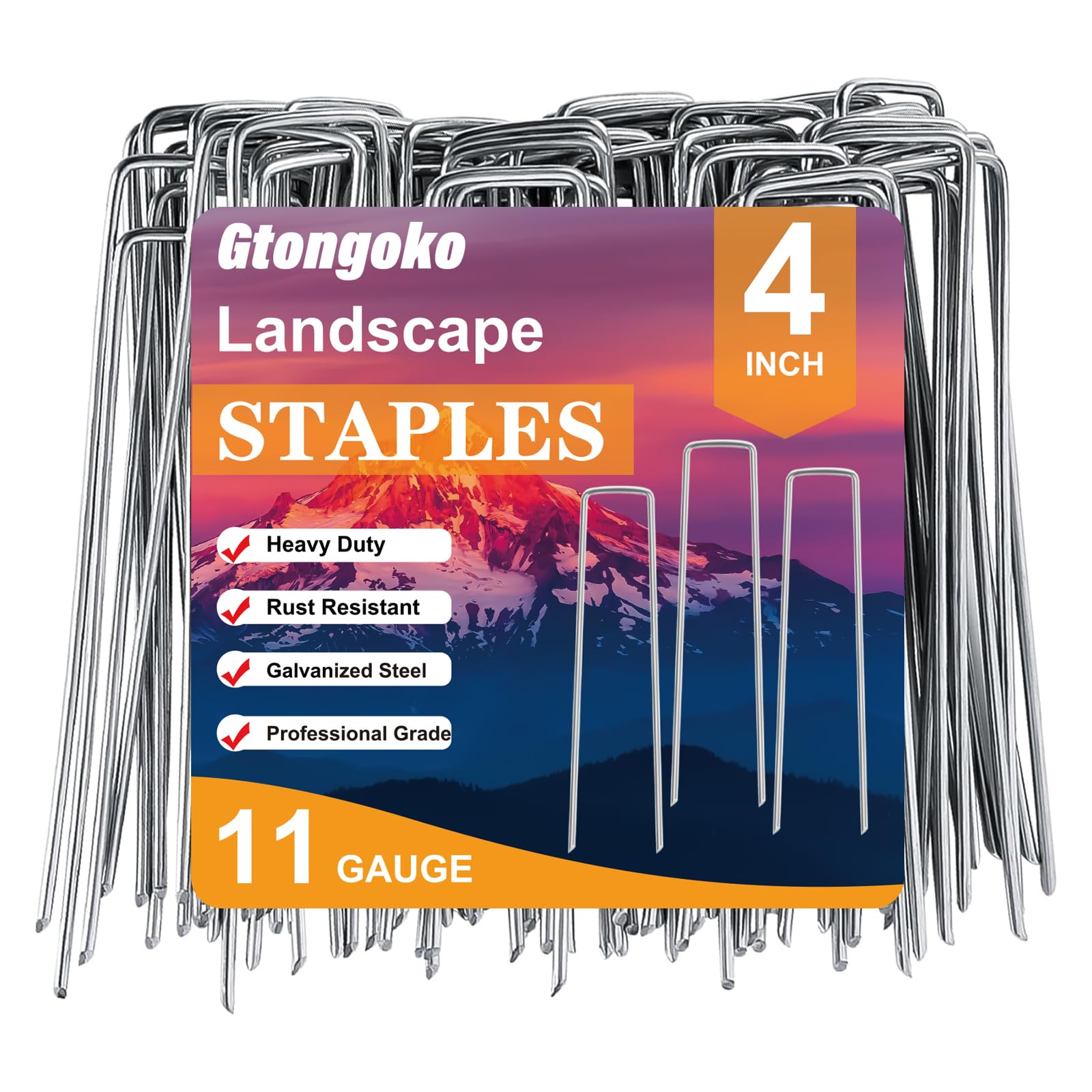 Gtongoko landscape stakes 4-inch galvanized pack secures weed barrier reliably.