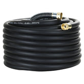 Guitrees 75ft heavy-duty rubber garden hose coiled for easy storage and year-round watering.