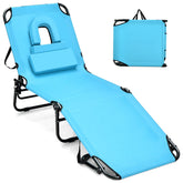 GYMAX tanning chair with face hole for comfortable sunbathing outdoors.