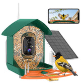 Gyozol bird feeder with camera front view, solar powered outdoor setup for birdwatching.