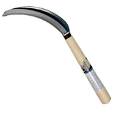 HACHIEMON serrated sickle blade ready for precise weed removal in garden beds.