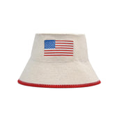 Halsa sauna hat front view, natural wool warmth with the USA flag design