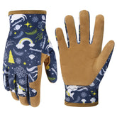 HANDLANDY Kids Genuine Leather Gardening Gloves front view in blue, protective for small hands.