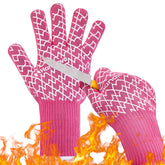 HandLove aramid heat gloves on hand with pink color for grilling protection.