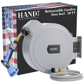 HANDT wall-mount retractable hose reel with 50 ft reach for tidy outdoor watering