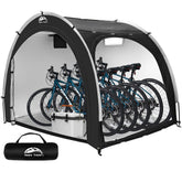 Happy Travel bike storage shed tent front view showing waterproof fabric and shelter for bikes.