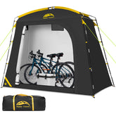 Happy Travel bike storage shed tent front view showing spacious footprint