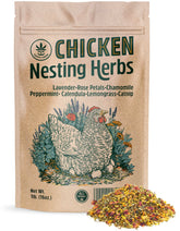 Happy Trees chicken nesting herbs 1lb bag beside nest box for a fresher coop