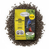 Happy Wings Black Oil Sunflower Seeds in a bag front for seasonal bird feeding.