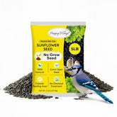 Happy Wings black oil sunflower seeds packaging; premium nutrition for backyard birds.
