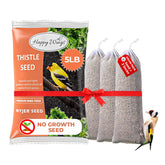 Happy Wings nyjer seed bag shows heat treated no grow seed for year-round feeding