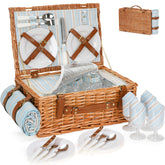 HappyPicnic wicker basket for four with a sturdy handle, ideal for family outings.