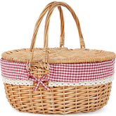 HappyPicnic wicker picnic basket with lid and handle, ideal for two-person picnics.