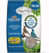 Happy Wings sunflower hearts chips bag close-up, showcasing no-mess feeding for wild birds.