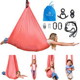 Harkla Sensory Swing pink 100-inch assembly view for easy hanging setup.