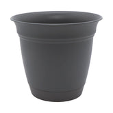 The HC Companies Eclipse Round Planter with Saucer in warm gray, ideal for versatile indoor or outdoor blooms.