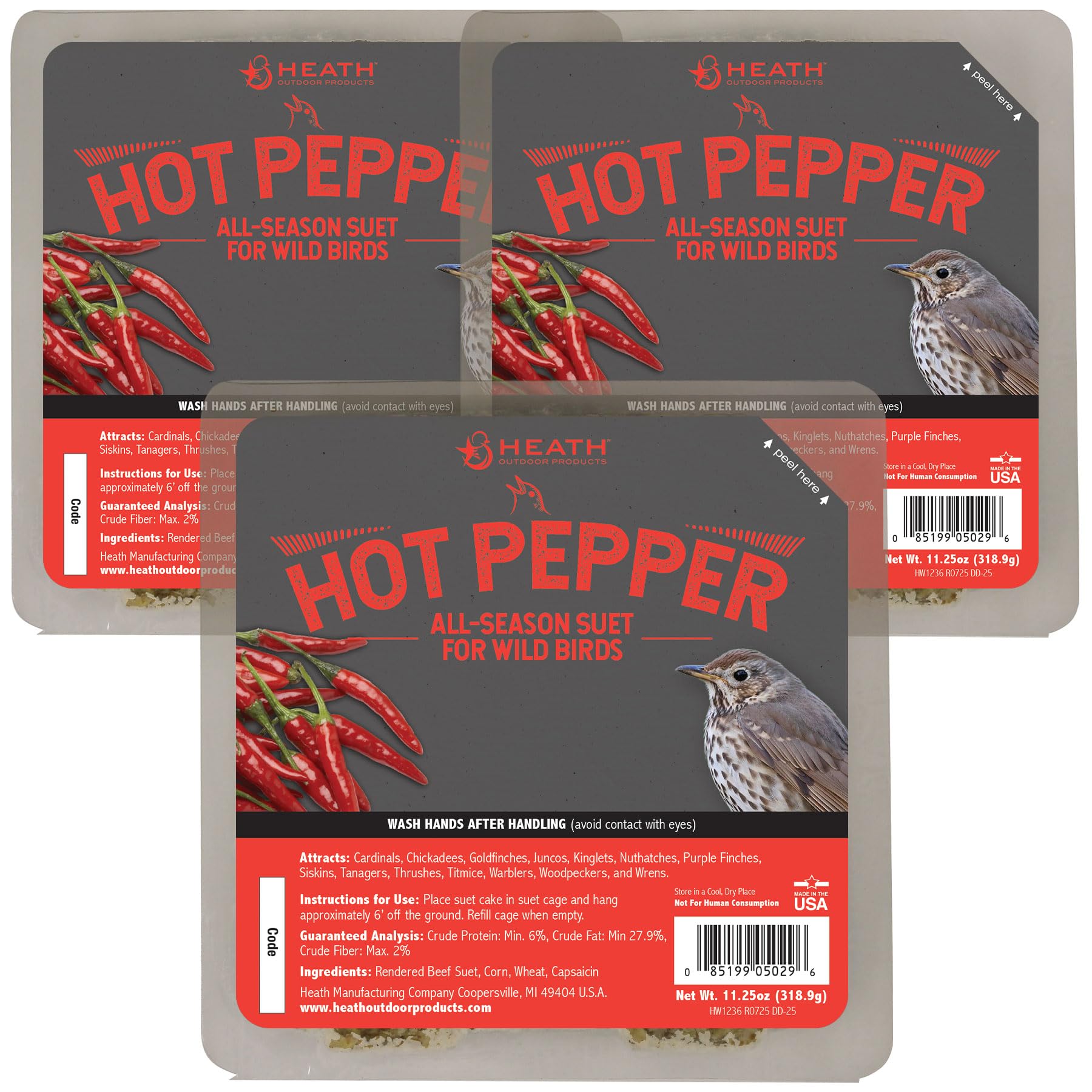 Heath hot pepper suet cakes three pack packaging for year round feeding.