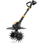 HEINPRO cordless tiller shown in a compact design for easy storage and quick soil prep.