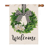 Hexagram welcome flag burlap 28x40 inches, a warm outdoor greeting for your porch