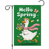Heyfibro Hello Spring goose flag with bouquet on burlap for outdoor decor.