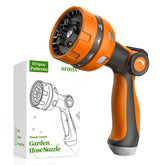 HFDSXS garden hose nozzle front view highlights rugged metal inlet for durable outdoor use.