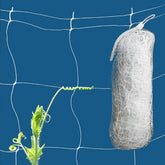 HHTHH White Trellis Netting stretched over a garden bed guiding climbing plants.