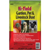 Hi-Yield Garden, Pet and Livestock Dust bottle being poured for quick pest control.