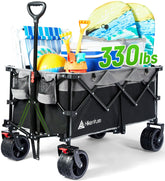 Hikenture collapsible wagon on a sunny beach showing large capacity for gear