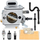 Hipa MS290 carburetor close-up with brass diaphragms for durability.
