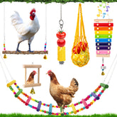Hipykat chicken swing toy in natural wood enhances coop enrichment and activity.