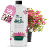 HiThrive Azalea Fertilizer bottle front boosts vibrant outdoor azalea blooms