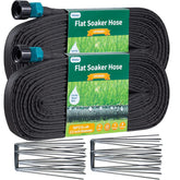 Hlinker 100 ft flat soaker hose laid along flower beds for even root watering.