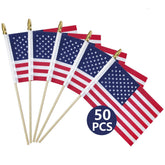 Hocis 50-pack small American flags on sticks for outdoor decor and events.