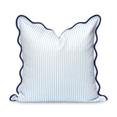 Hofdeco Premium coastal pillow cover front view shows baby blue stripes and navy scalloped edge