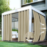 HolidayIdeas outdoor cream curtains in four-panel setup for privacy and shade