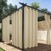 HolidayIdeas outdoor cream curtains 54x84 in a four-panel setup for privacy and light filtering.